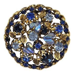 Estate Vintage MADE AUSTRIA Blue Rhinestones & Heart Stones Floral Brooch 1950